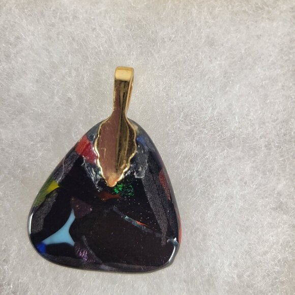 Fused Glass Triangle Abstract Mosaic Design Pendant With Gold Tone Bail - Picture 3 of 6